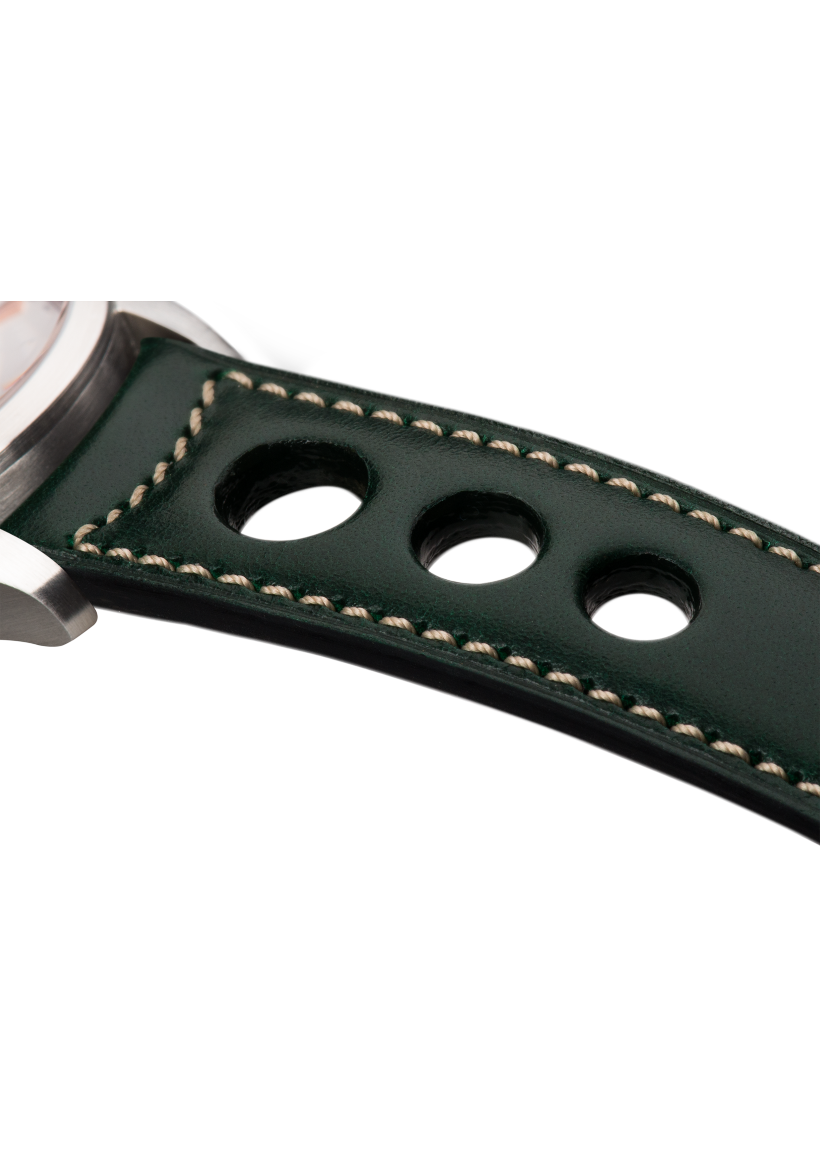 Raidillon Bracelet aéré en cuir vert foncé surpiqué écru