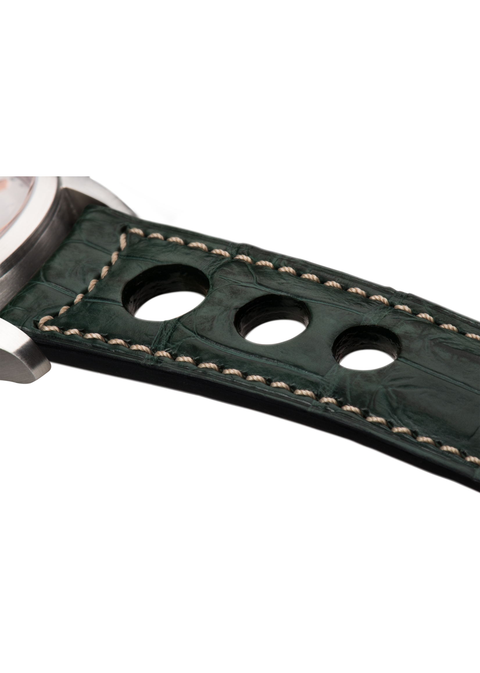 Raidillon Bracelet aéré en alligator vert foncé surpiqué écru