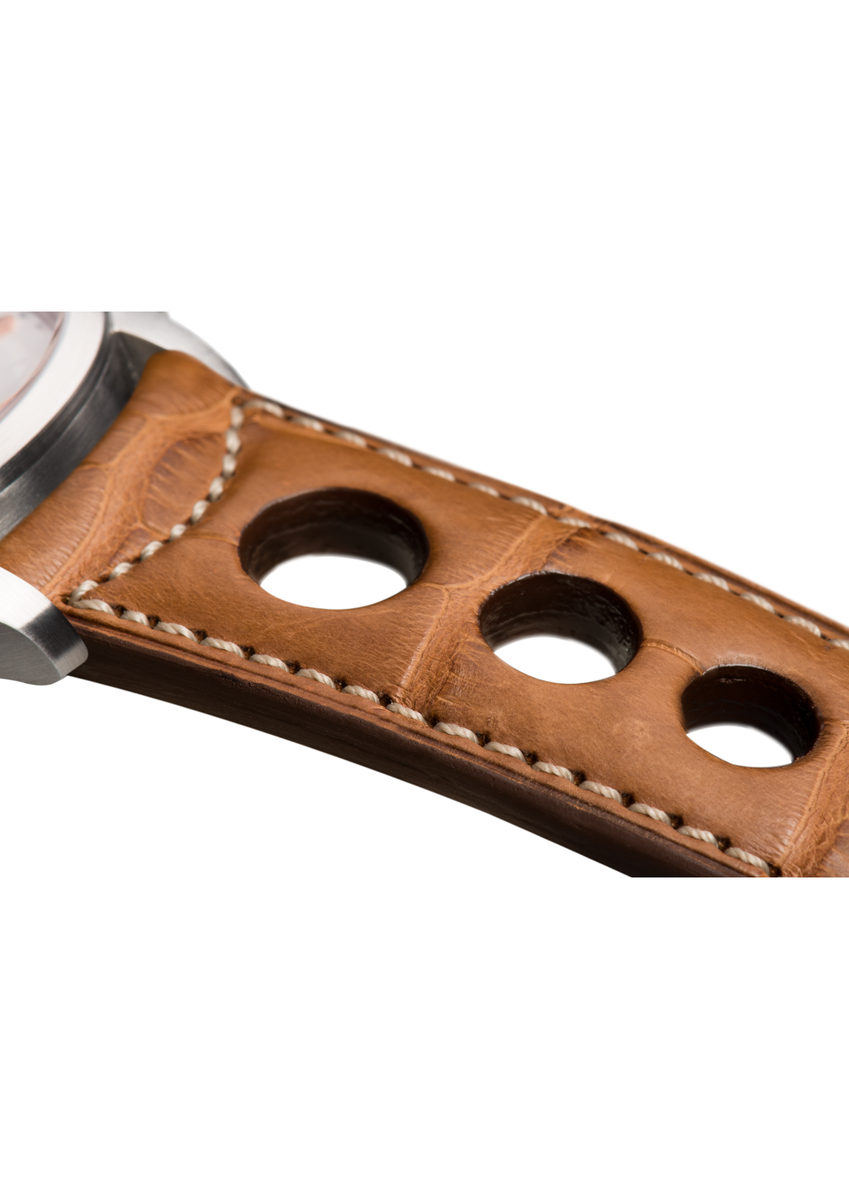 Raidillon Bracelet aéré en alligator doré surpiqué écru