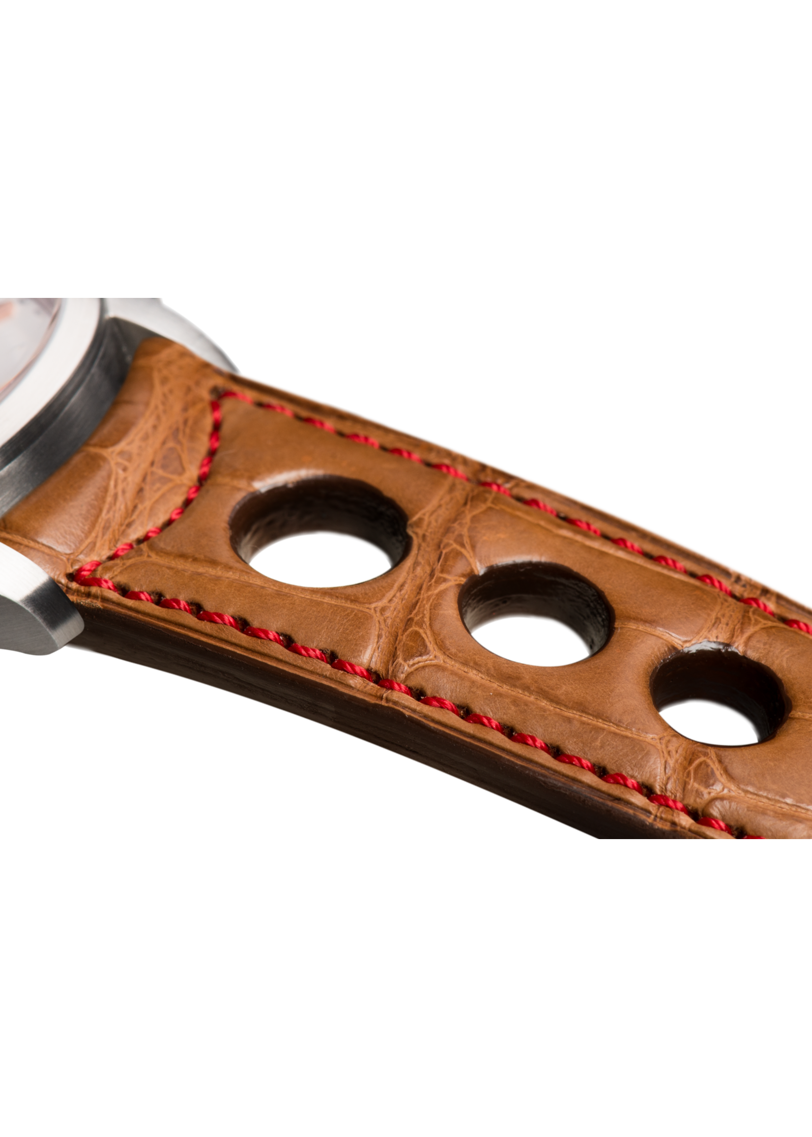 Raidillon Bracelet aéré en alligator doré surpiqué rouge