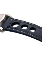 Raidillon Bracelet aéré en alligator bleu surpiqué écru