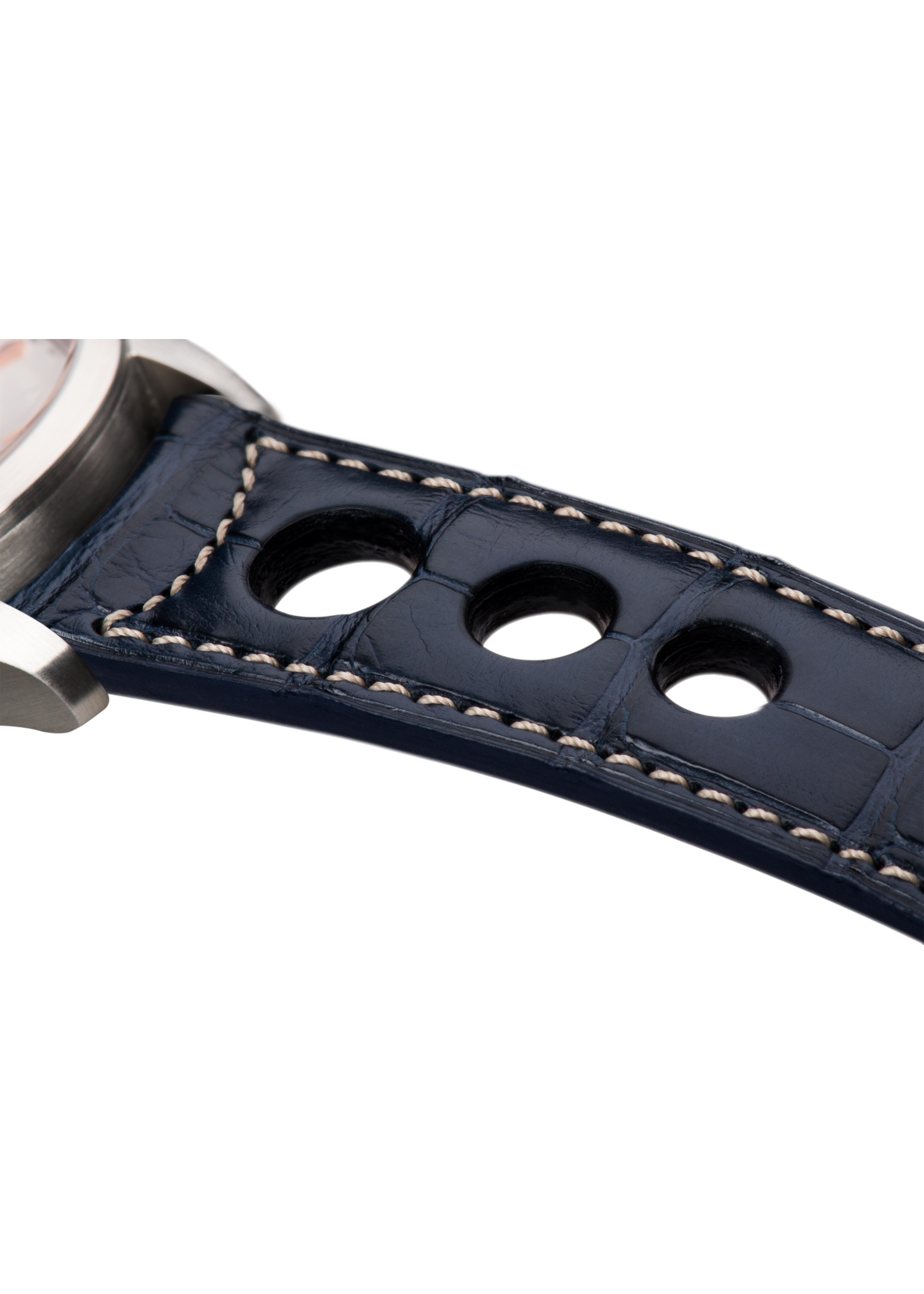 Raidillon Bracelet aéré en alligator bleu surpiqué écru