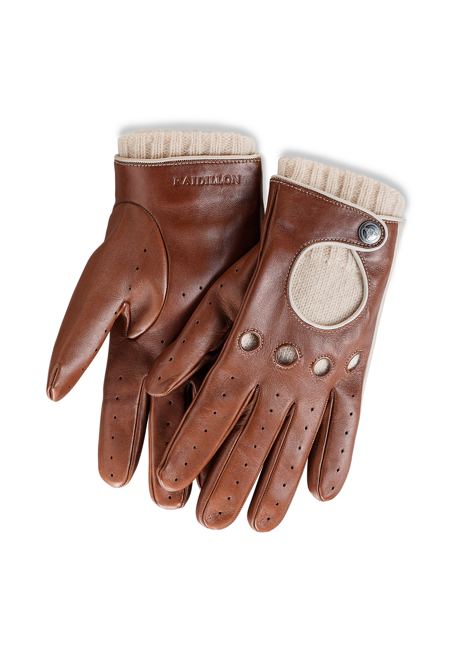 Raidillon Gants de course cognac avec doublure en cachemire beige