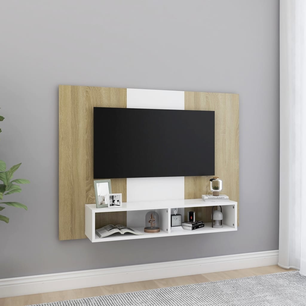 Tv-wandmeubel 120x23,5x90 cm spaanplaat wit sonoma eikenkleurig
