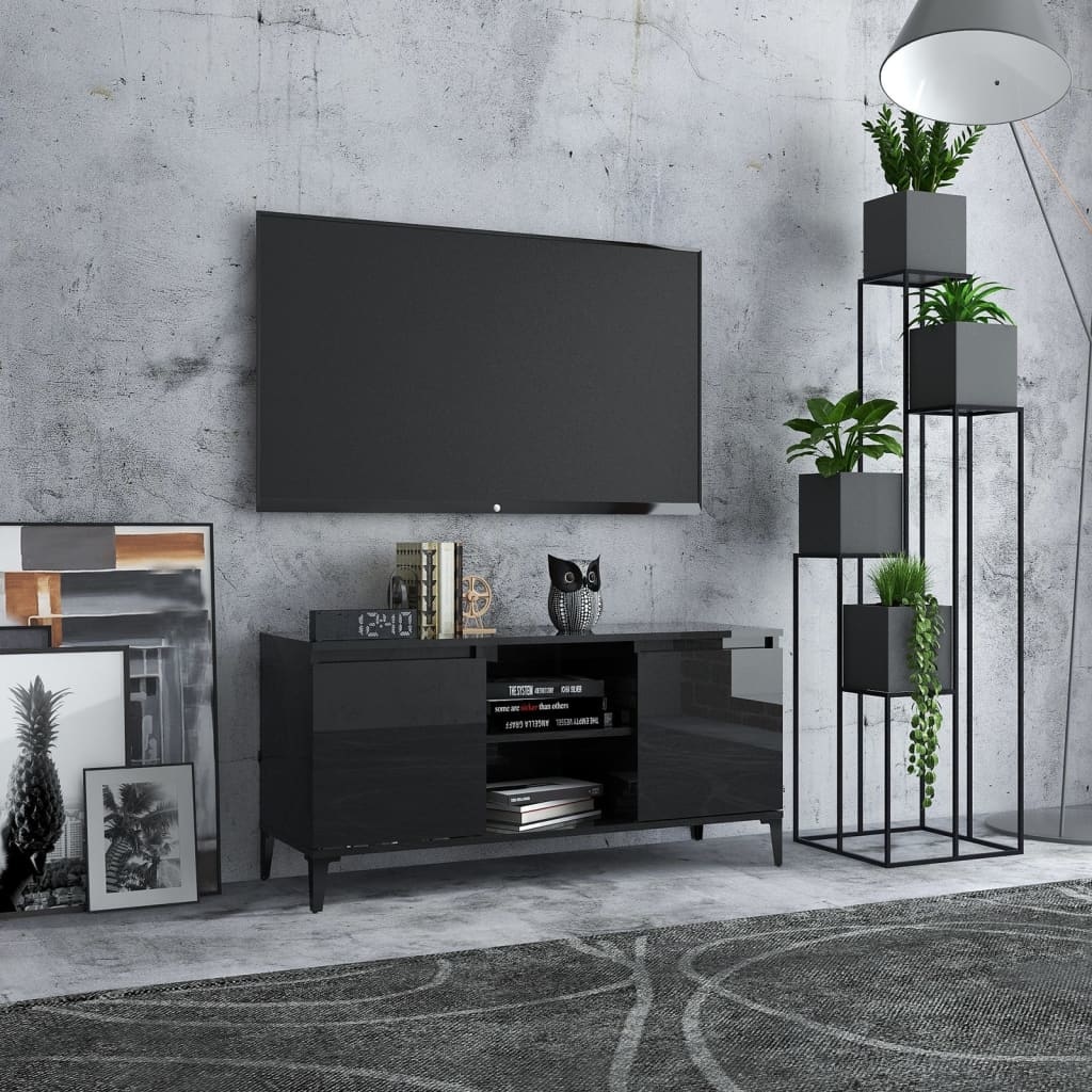 Tv-meubel met metalen poten 103,5x35x50 cm hoogglans zwart