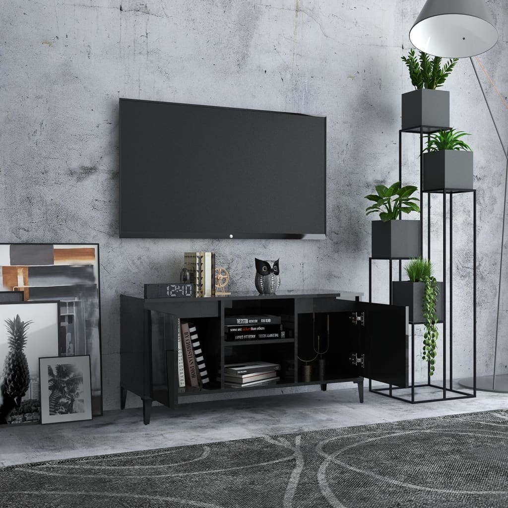 Tv-meubel met metalen poten 103,5x35x50 cm hoogglans zwart