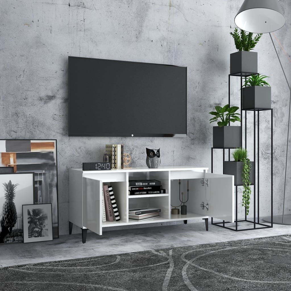 Tv-meubel met metalen poten 103,5x35x50 cm hoogglans wit