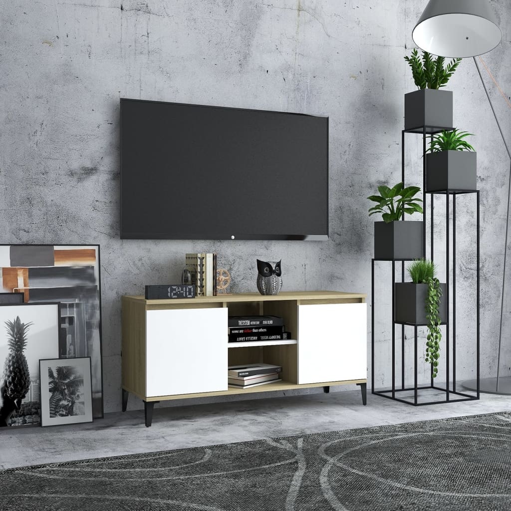 Tv-meubel met metalen poten 103,5x35x50 cm wit en sonoma eiken