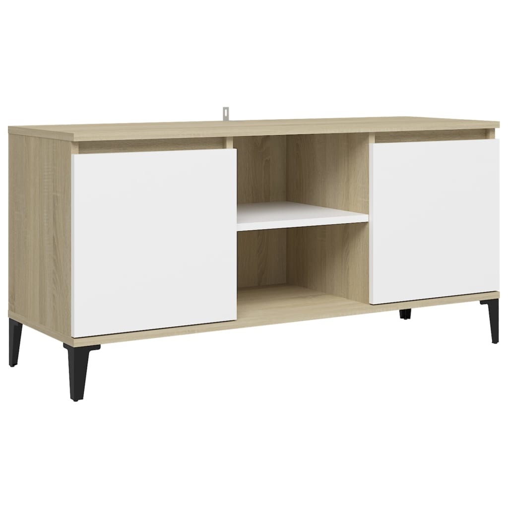 Tv-meubel met metalen poten 103,5x35x50 cm wit en sonoma eiken