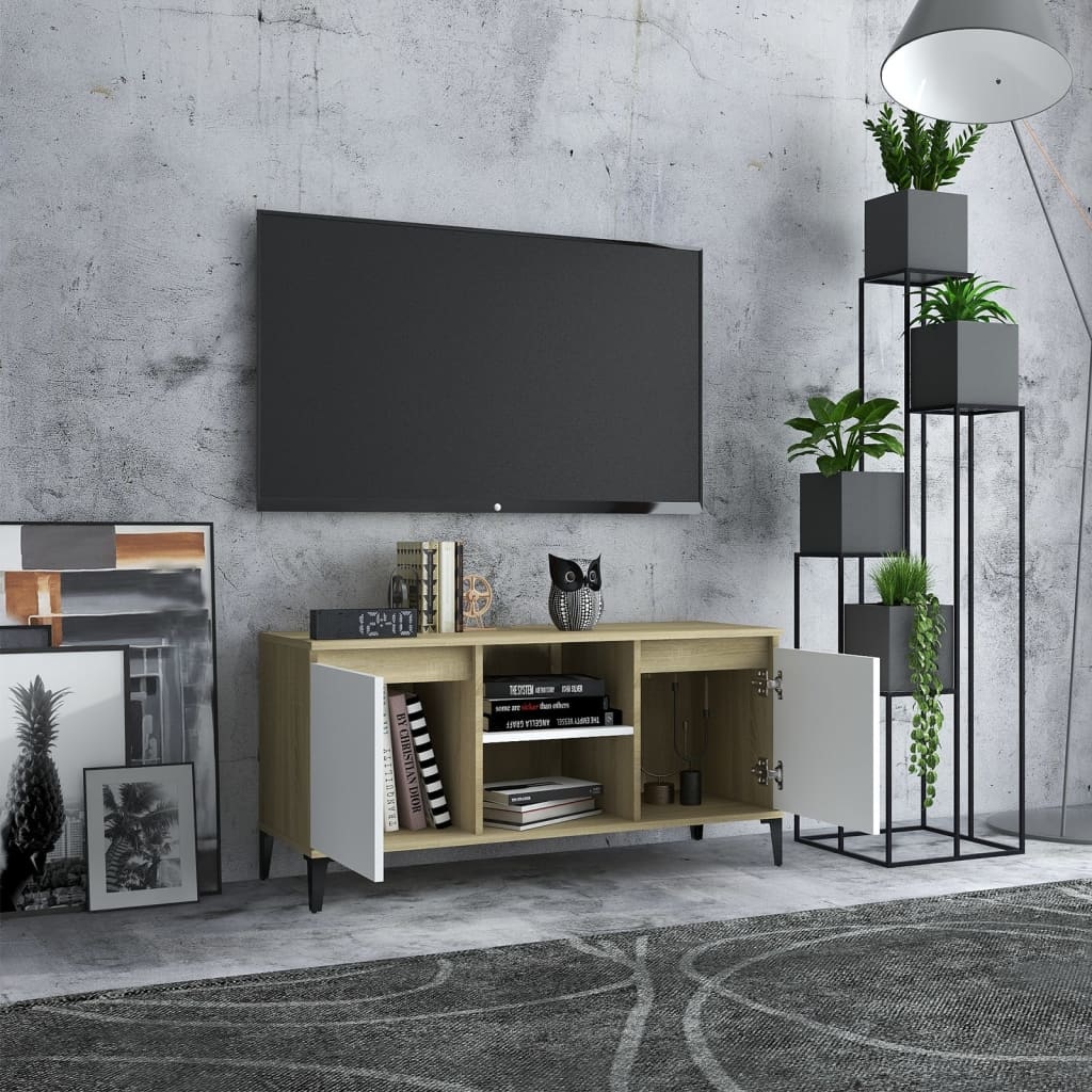 Tv-meubel met metalen poten 103,5x35x50 cm wit en sonoma eiken