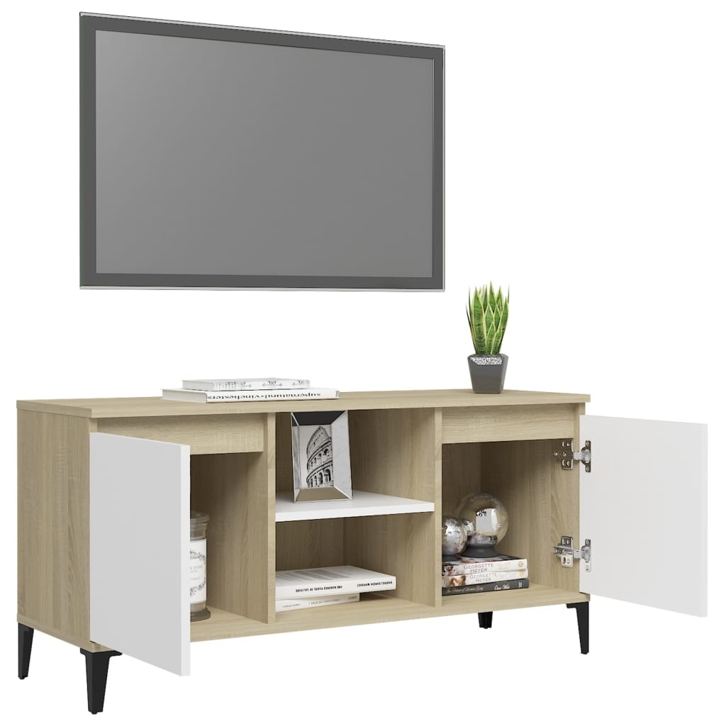 Tv-meubel met metalen poten 103,5x35x50 cm wit en sonoma eiken