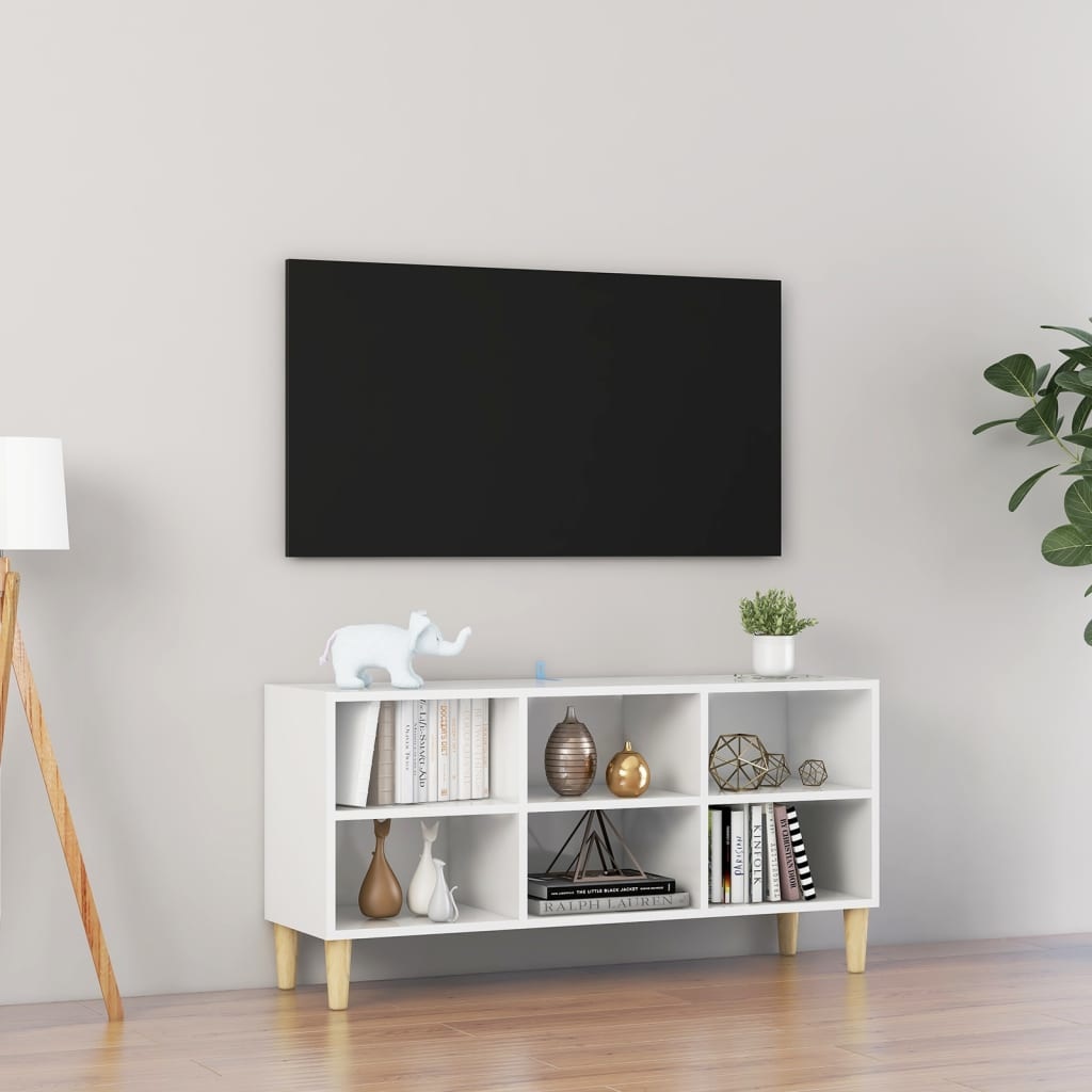 Tv-meubel met massief houten poten 103,5x30x50 cm hoogglans wit