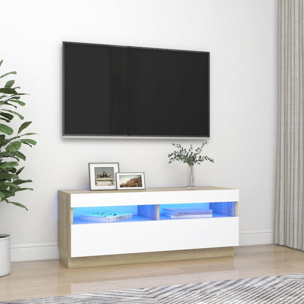 Tv-meubel met LED-verlichting 100x35x40 cm wit en sonoma eiken