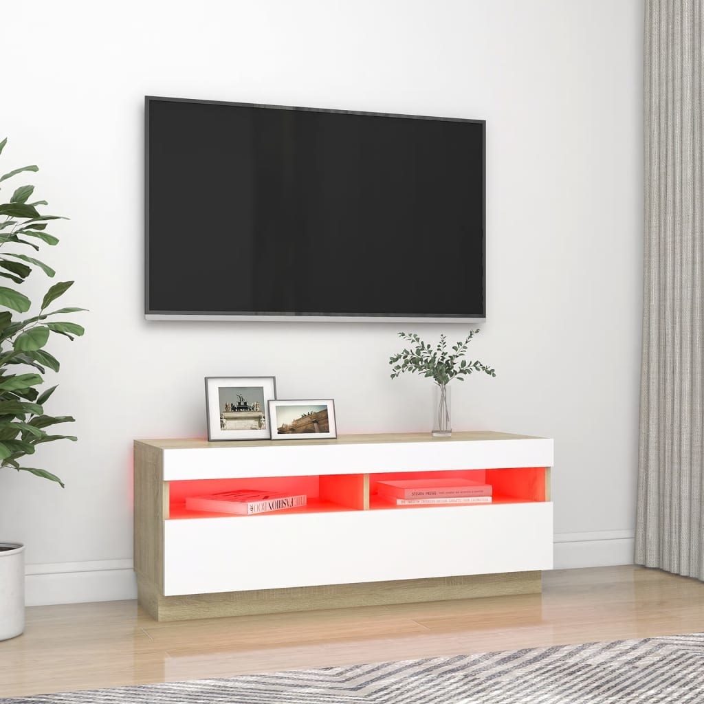 Tv-meubel met LED-verlichting 100x35x40 cm wit en sonoma eiken