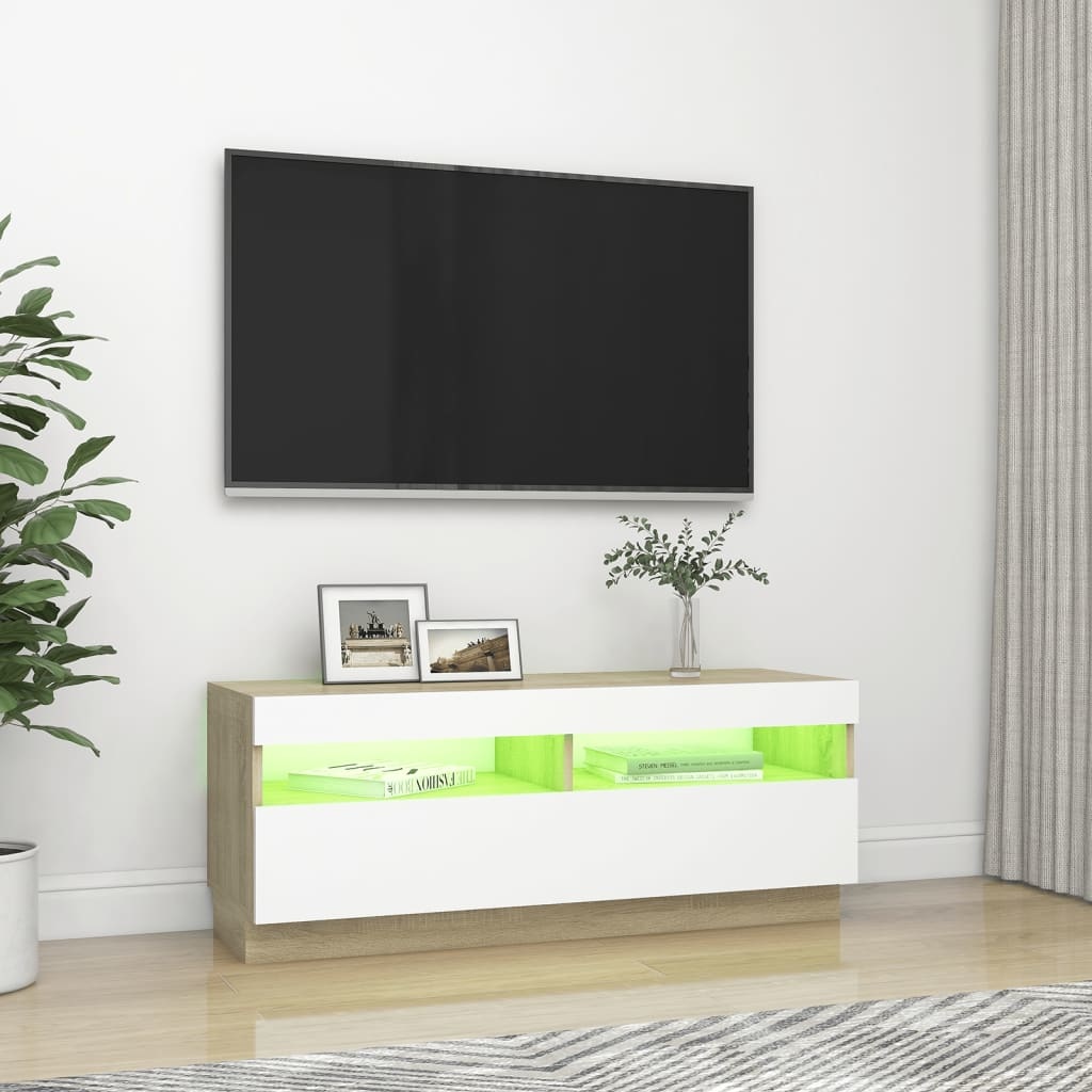Tv-meubel met LED-verlichting 100x35x40 cm wit en sonoma eiken
