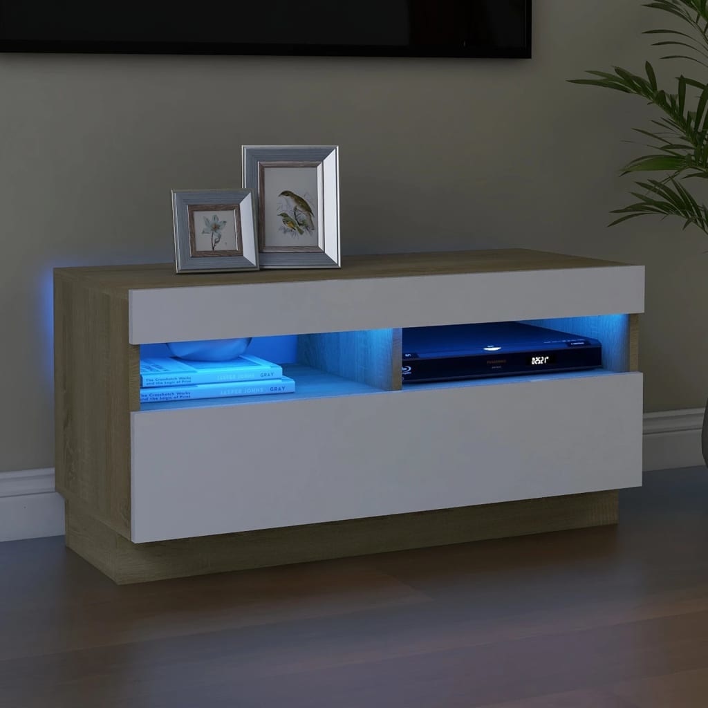 Tv-meubel met LED-verlichting 80x35x40 cm wit en sonoma eiken