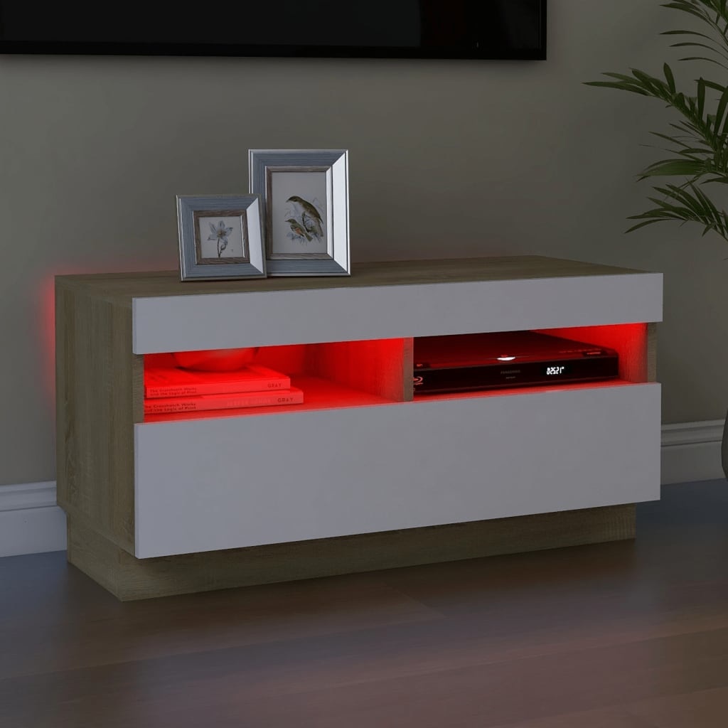 Tv-meubel met LED-verlichting 80x35x40 cm wit en sonoma eiken