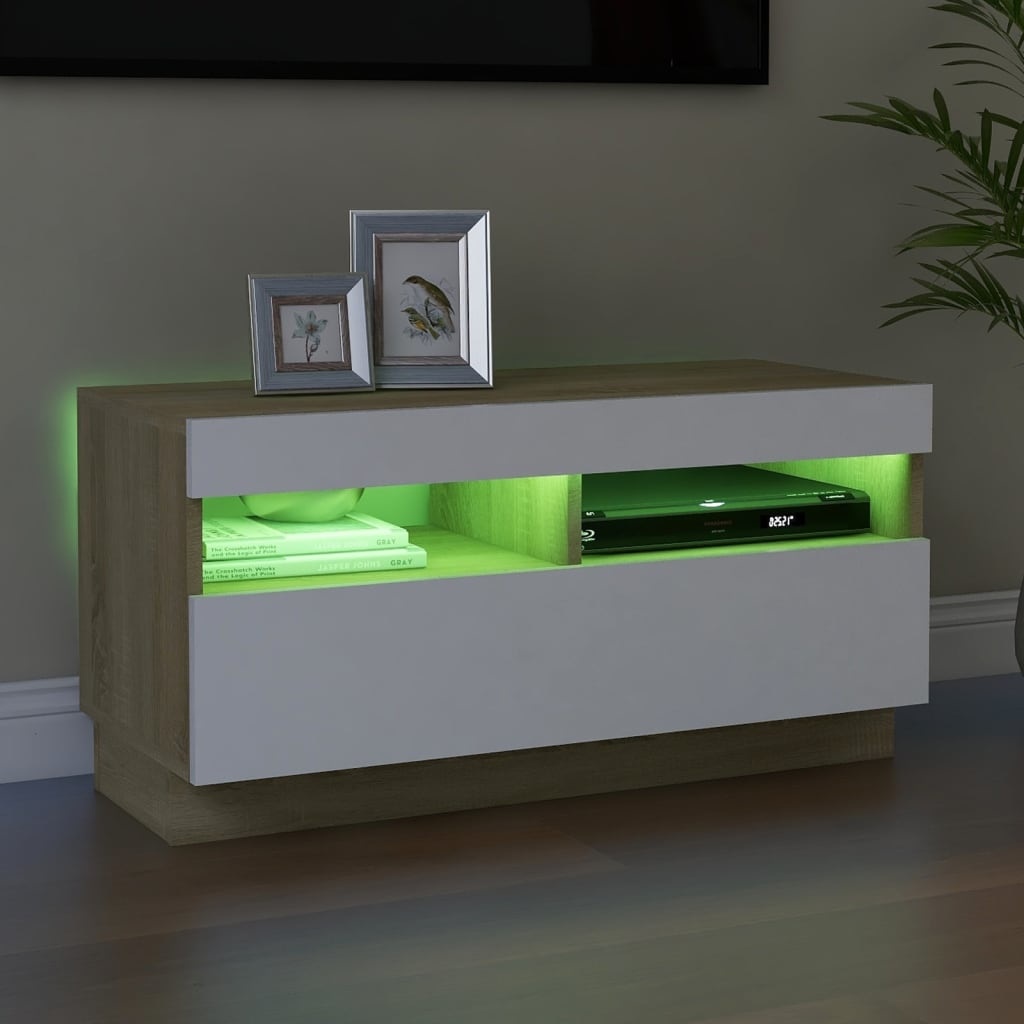 Tv-meubel met LED-verlichting 80x35x40 cm wit en sonoma eiken