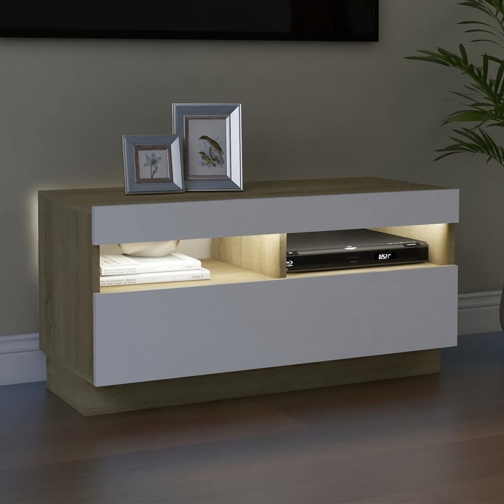Tv-meubel met LED-verlichting 80x35x40 cm wit en sonoma eiken