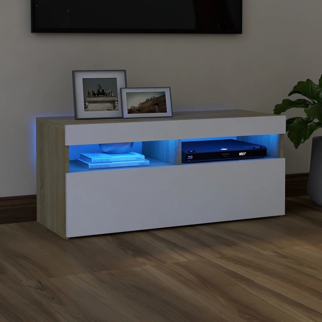 Tv-meubel met LED-verlichting 90x35x40 cm wit sonoma eikenkleur