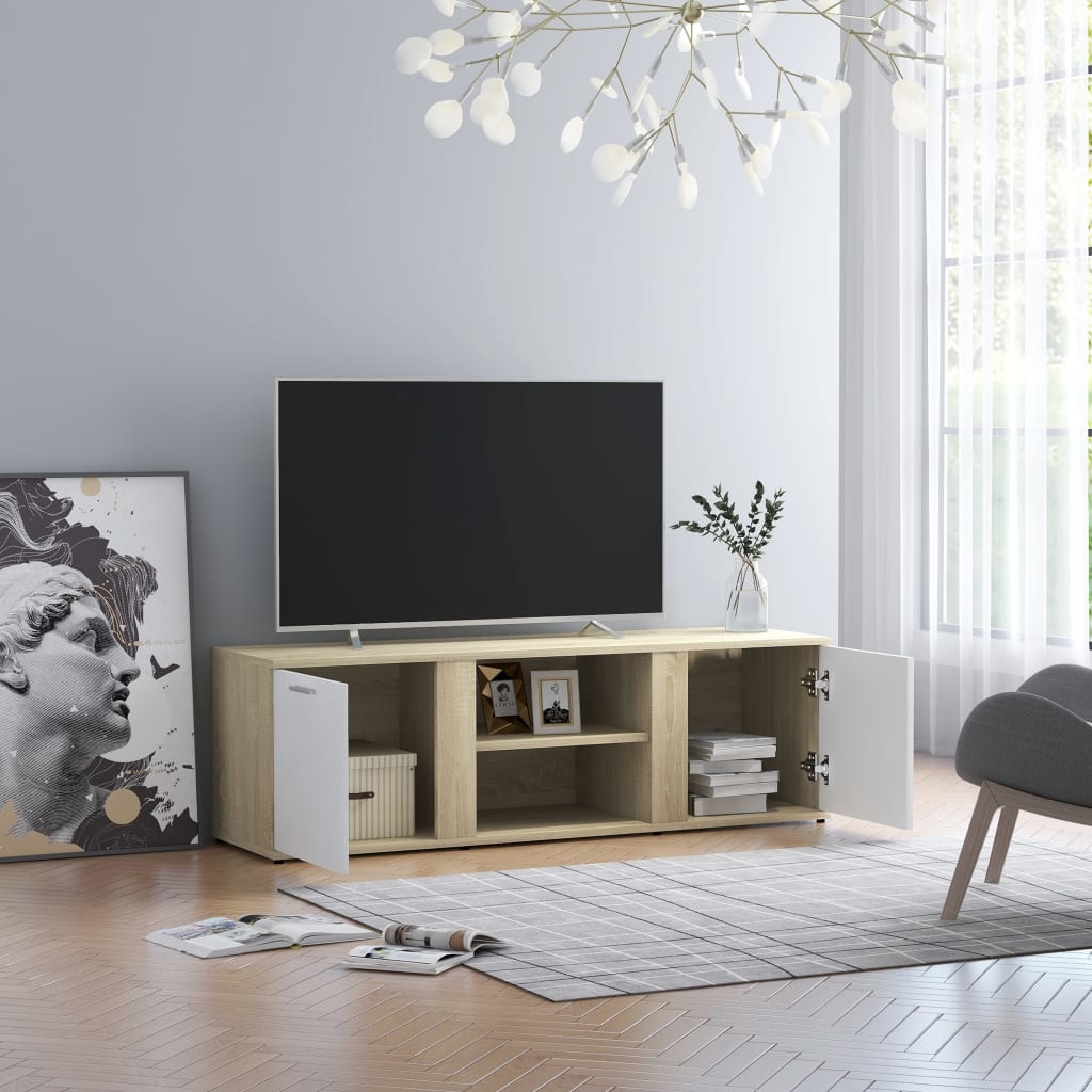Tv-meubel 120x34x37 cm bewerkt hout wit en sonoma eikenkleurig