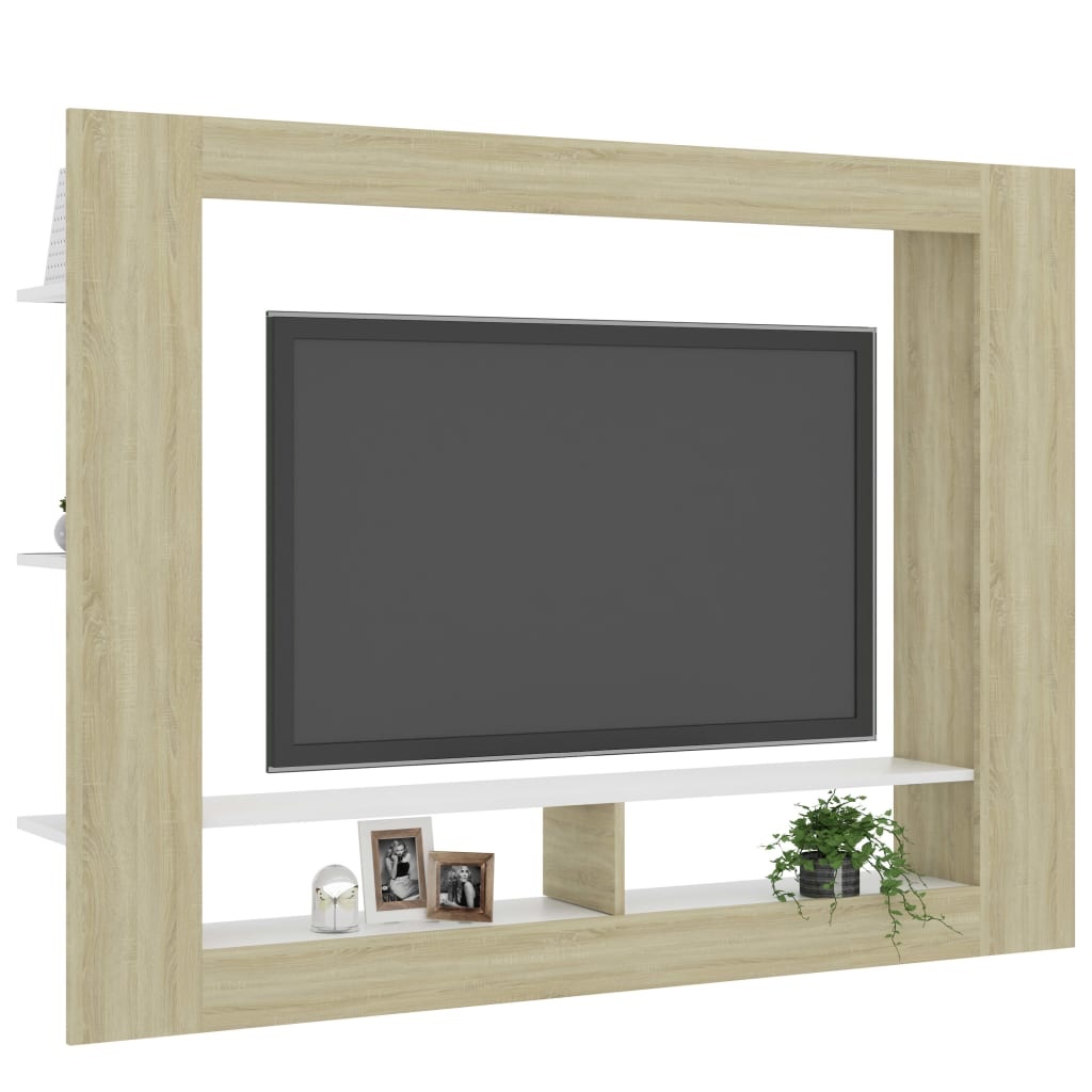 Tv-meubel 152x22x113 cm bewerkt hout wit en sonoma eikenkleurig