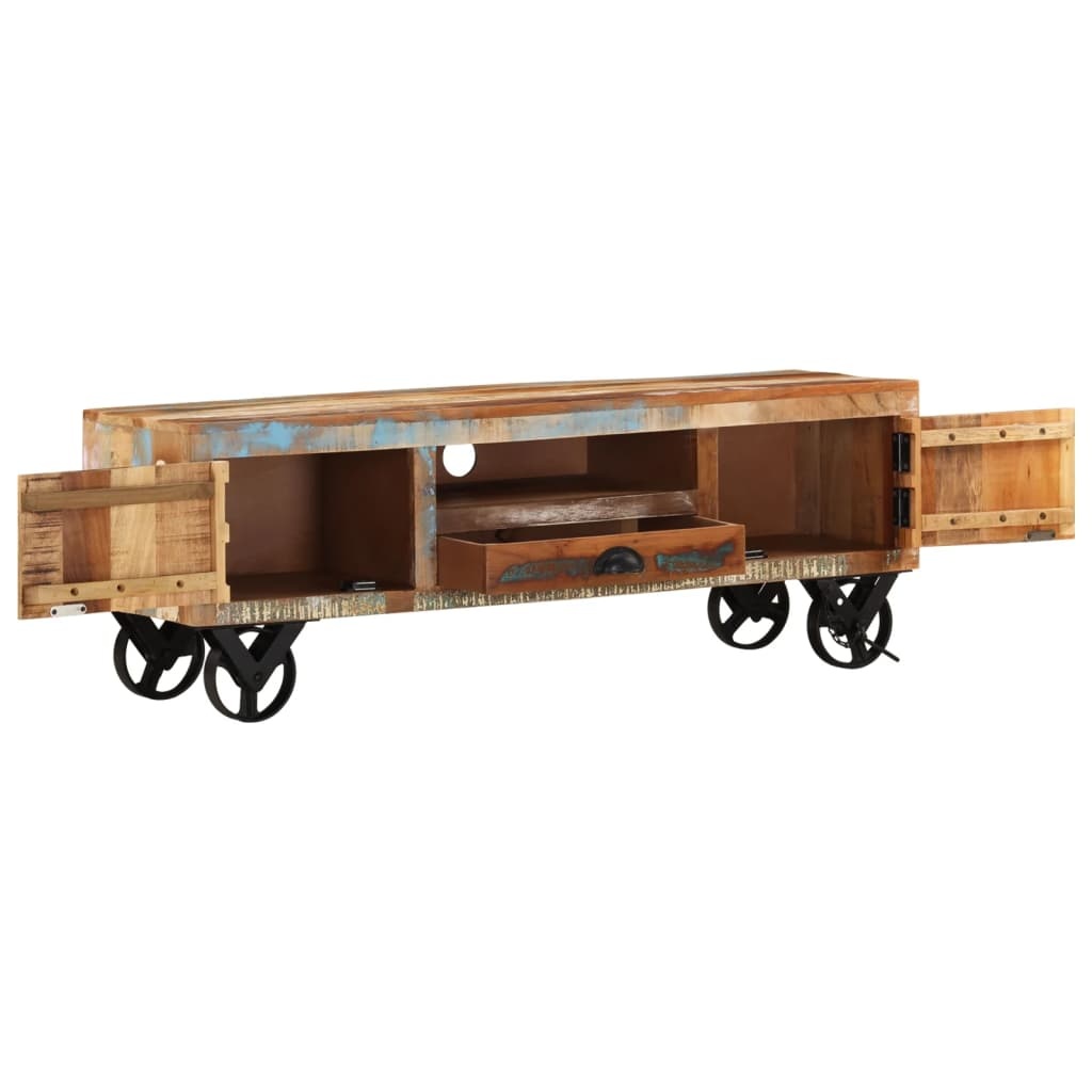 Tv-meubel met wieltjes 110x30x37 cm massief gerecycled hout