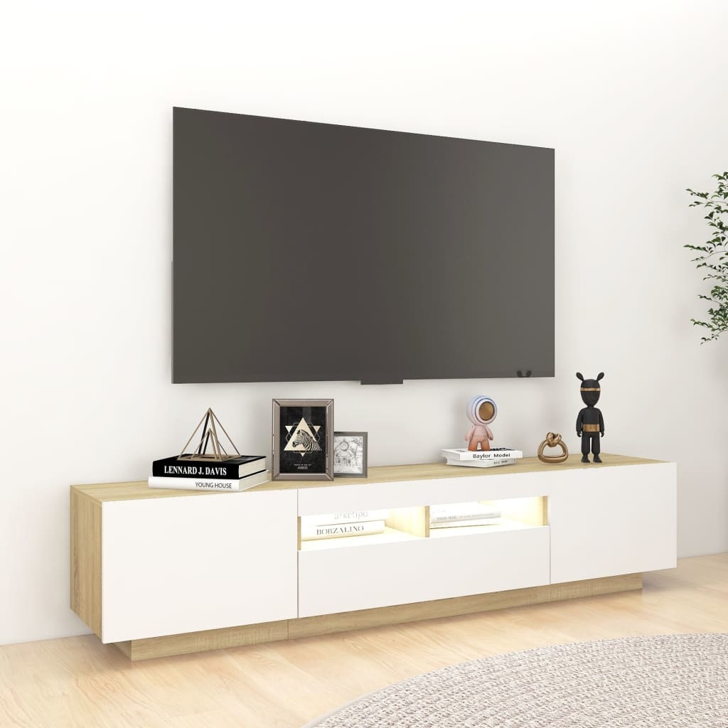 Tv-meubel met LED-verlichting 180x35x40 cm wit en sonoma eiken