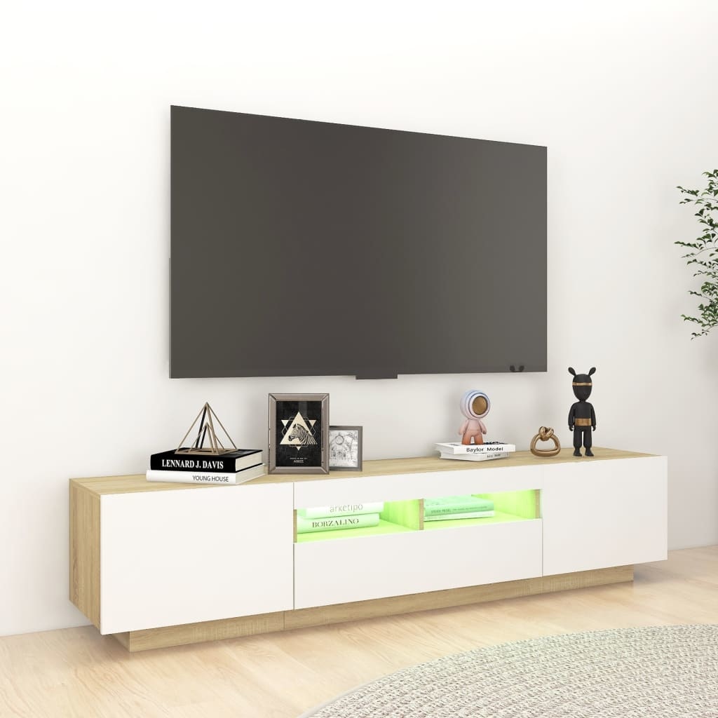 Tv-meubel met LED-verlichting 180x35x40 cm wit en sonoma eiken