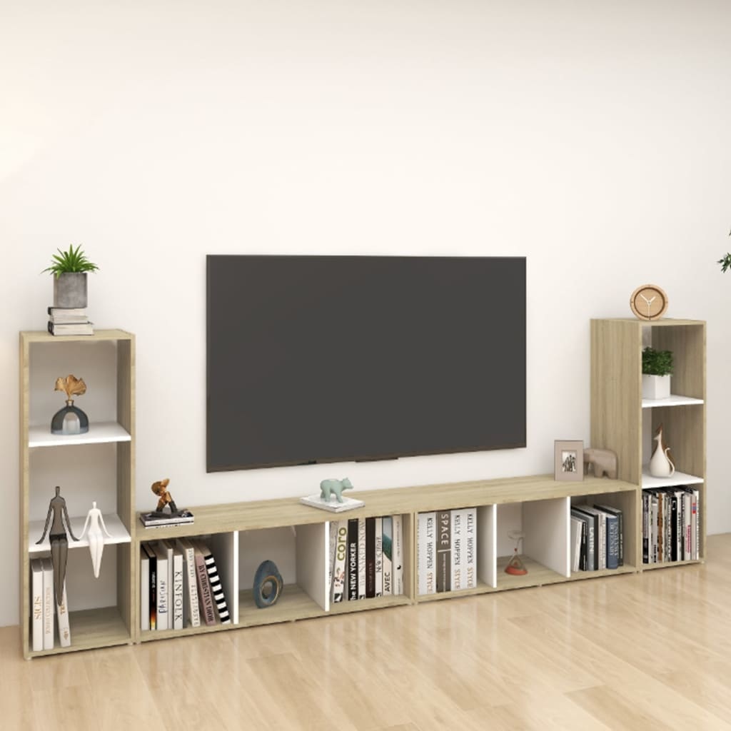 Tv-meubelen 4 st 107x35x37 cm spaanplaat wit sonoma eikenkleur
