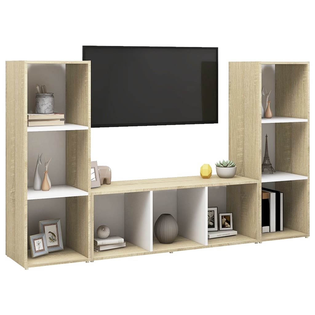Tv-meubelen 3 st 107x35x37 cm spaanplaat wit sonoma eikenkleur