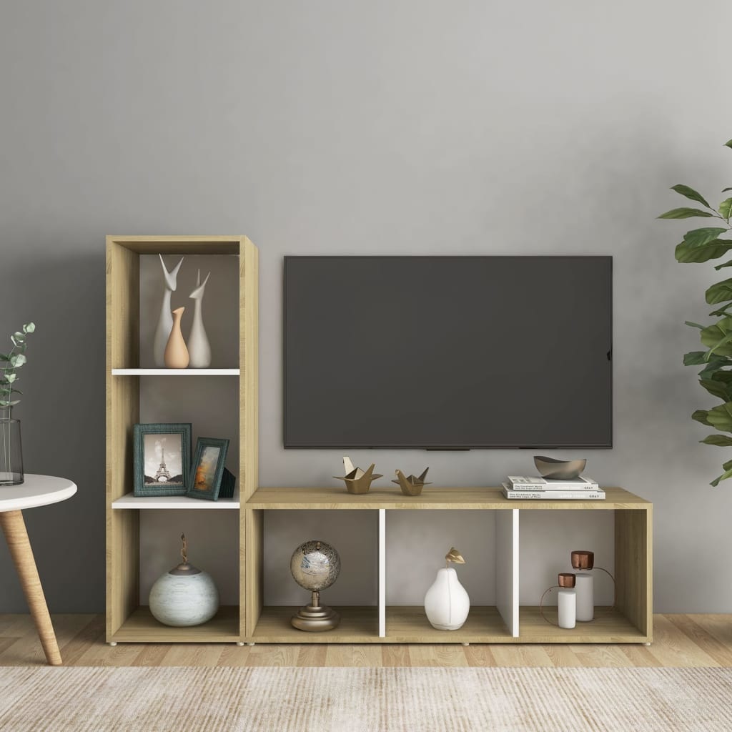 Tv-meubelen 2 st 107x35x37 cm spaanplaat wit sonoma eikenkleur