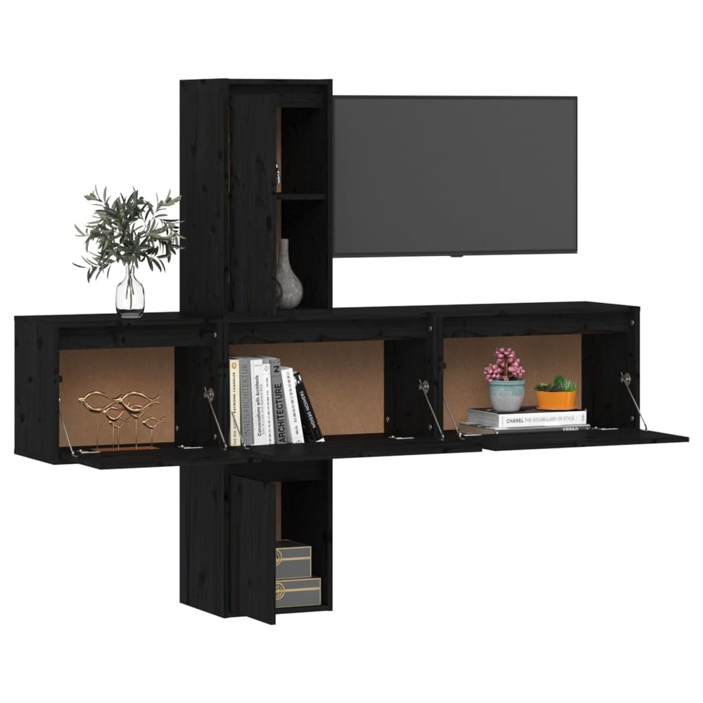 Tv-meubelen 5 st massief grenenhout zwart