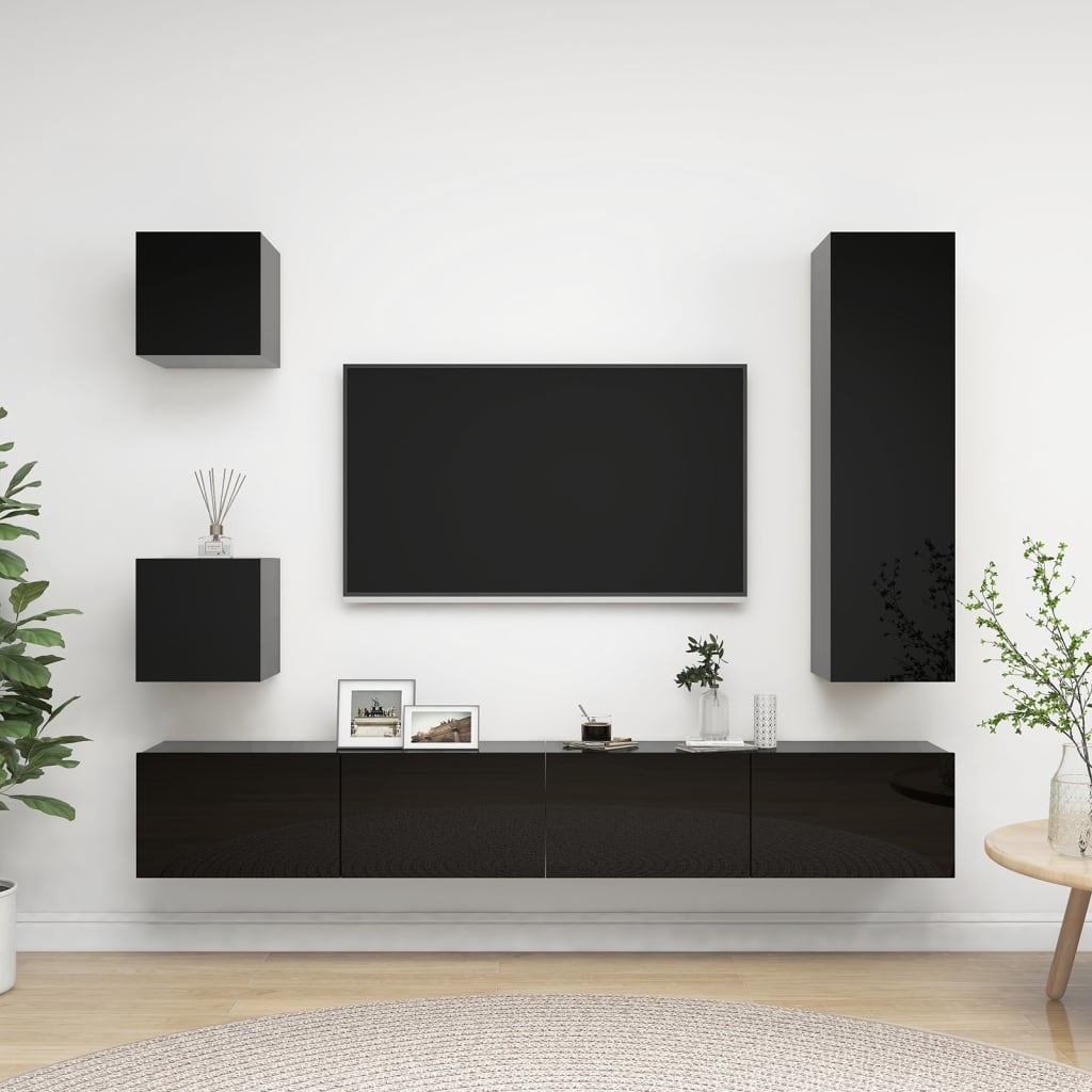 5-delige Tv-meubelset spaanplaat hoogglans zwart