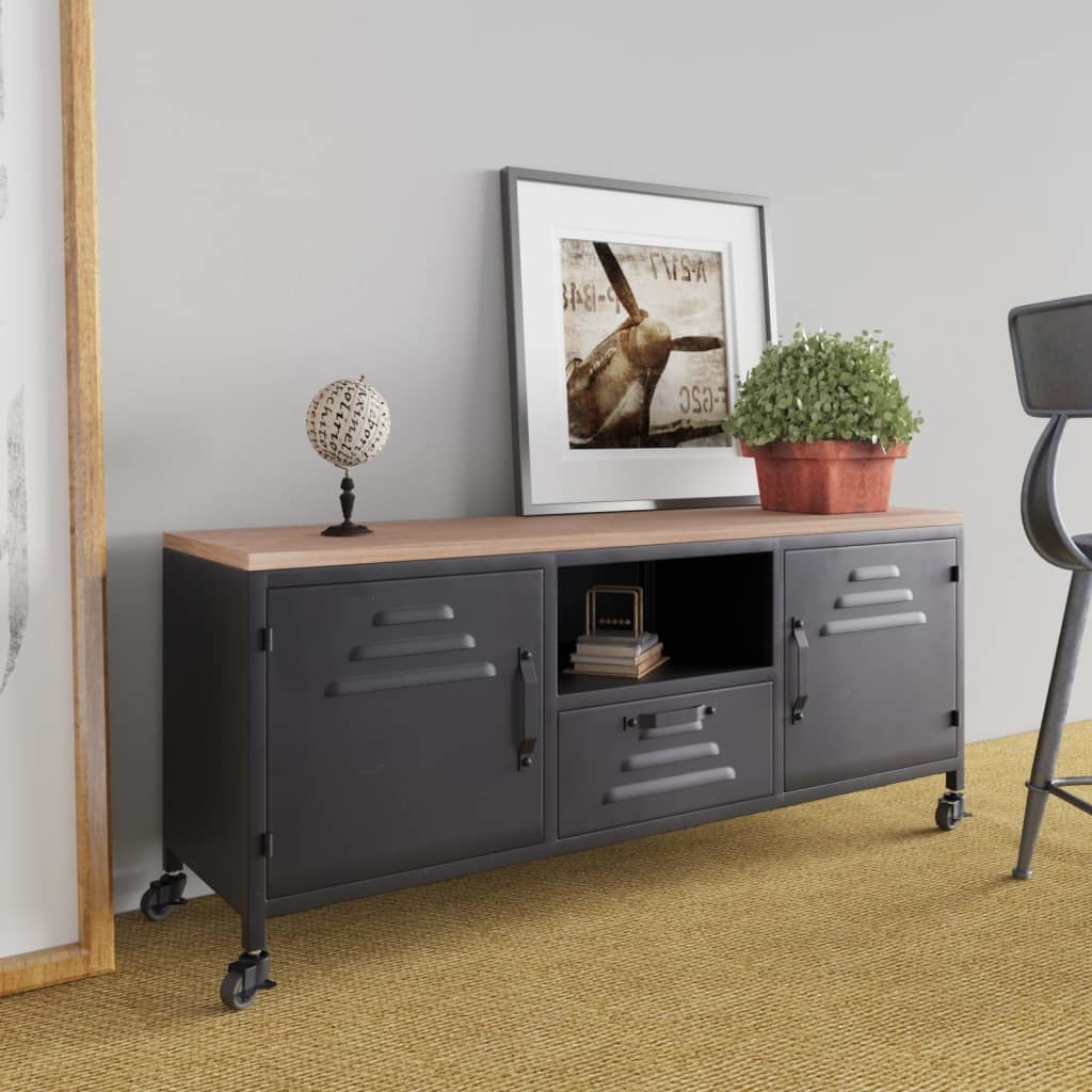 Tv-meubel 110x30x43 cm ijzer en massief vurenhout zwart
