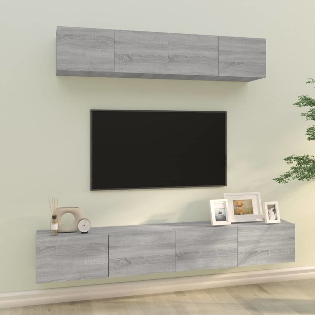 4-delige Tv-meubelset bewerkt hout grijs sonoma eikenkleurig
