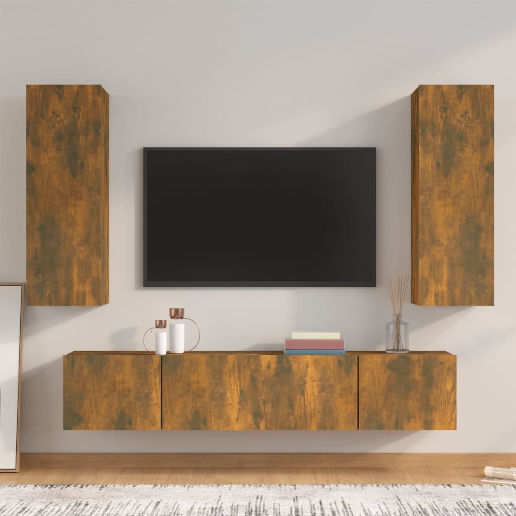 4-delige Tv-meubelset bewerkt hout gerookt eikenkleurig