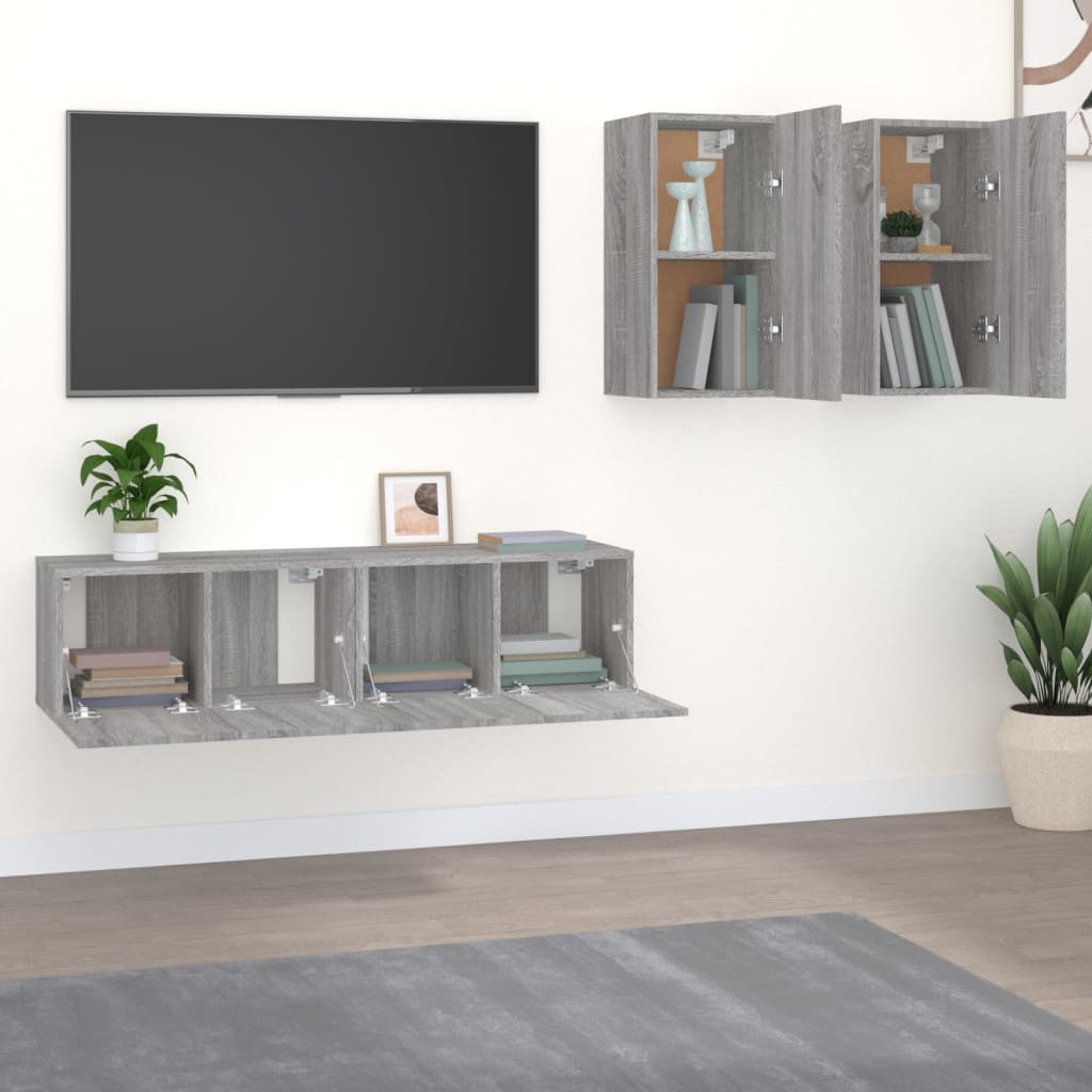 4-delige Tv-meubelset bewerkt hout grijs sonoma eikenkleurig