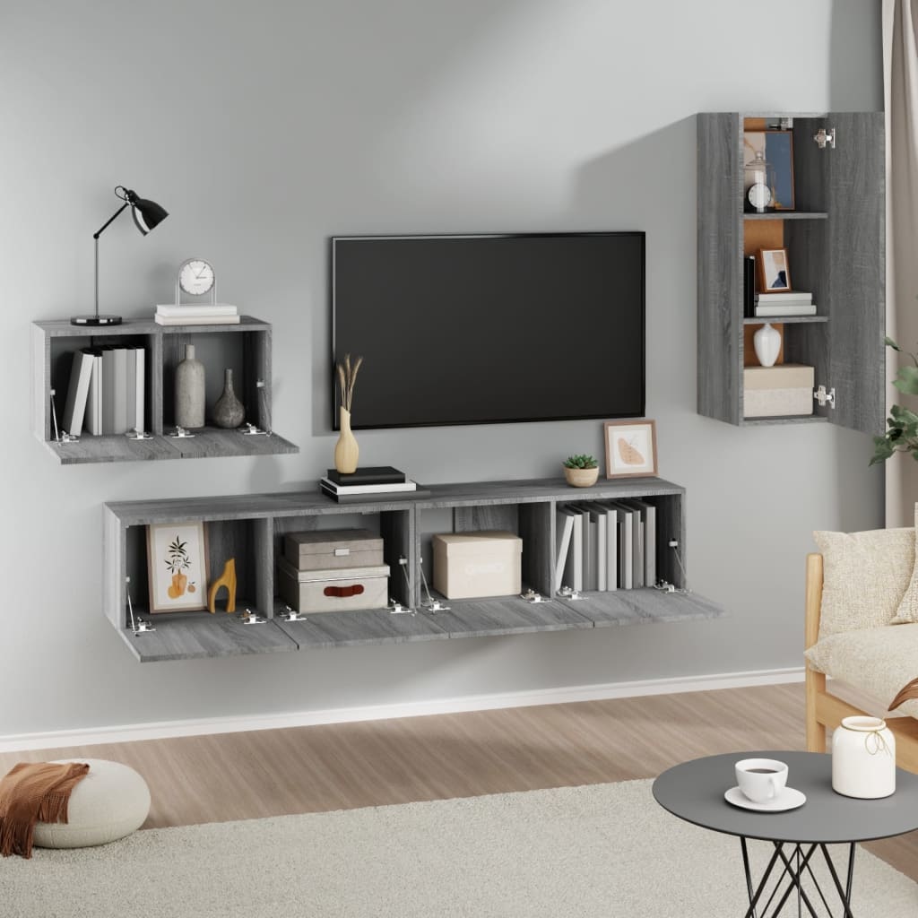4-delige Tv-meubelset bewerkt hout grijs sonoma eikenkleurig
