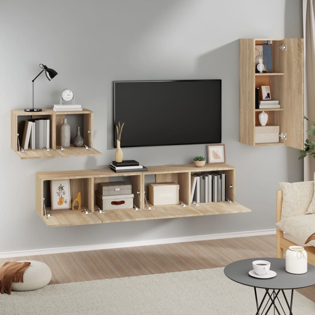 4-delige Tv-meubelset bewerkt hout sonoma eikenkleurig