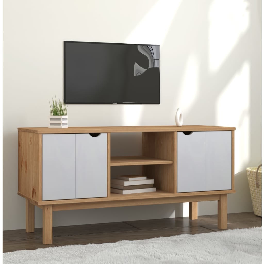 Tv-meubel OTTA 113,5x43x57 cm massief grenenhout bruin en wit