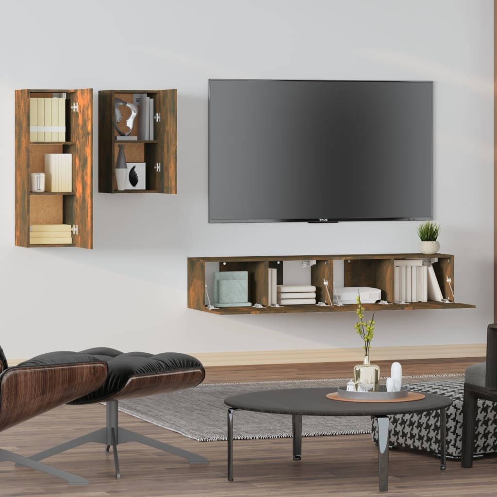 4-delige Tv-meubelset bewerkt hout gerookt eikenkleurig