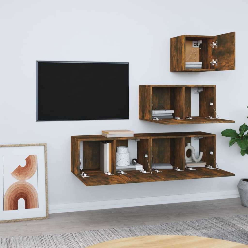 4-delige Tv-meubelset bewerkt hout gerookt eikenkleurig