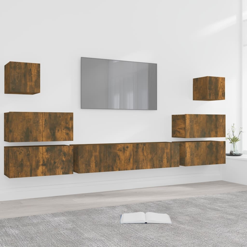 8-delige Tv-meubelset bewerkt hout gerookt eikenkleurig