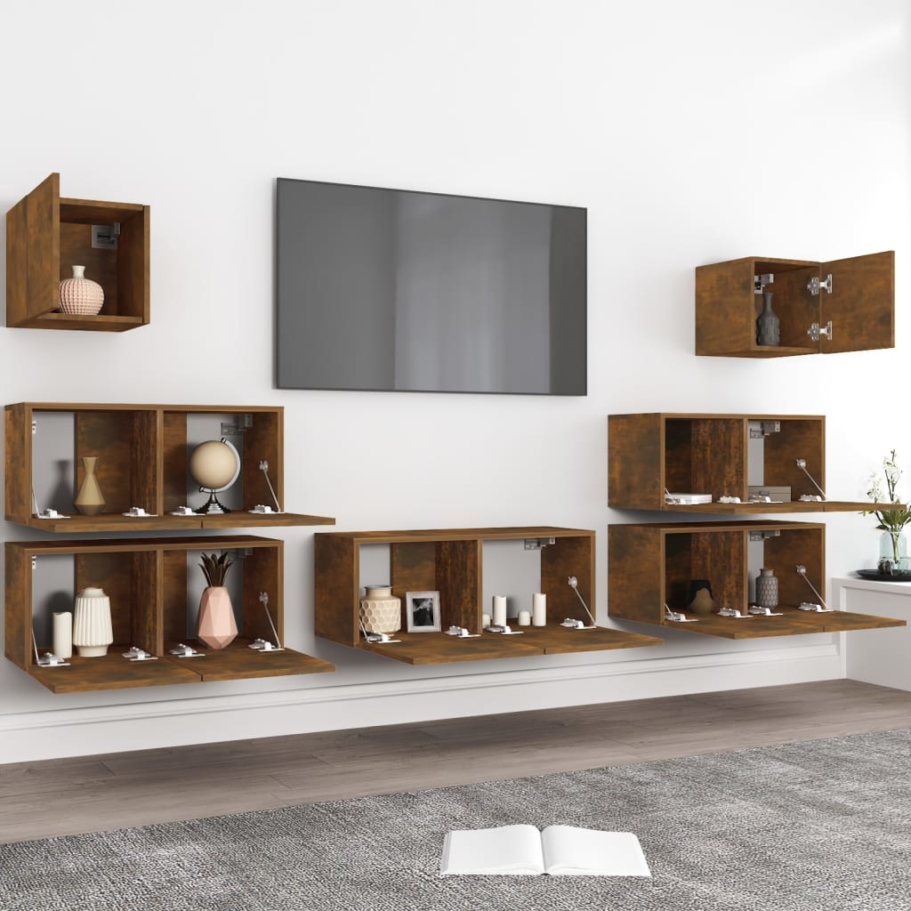 7-delige Tv-meubelset bewerkt hout gerookt eikenkleurig