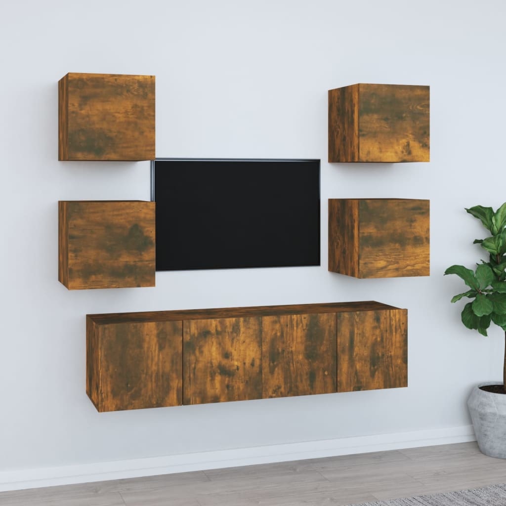6-delige Tv-meubelset bewerkt hout gerookt eikenkleurig