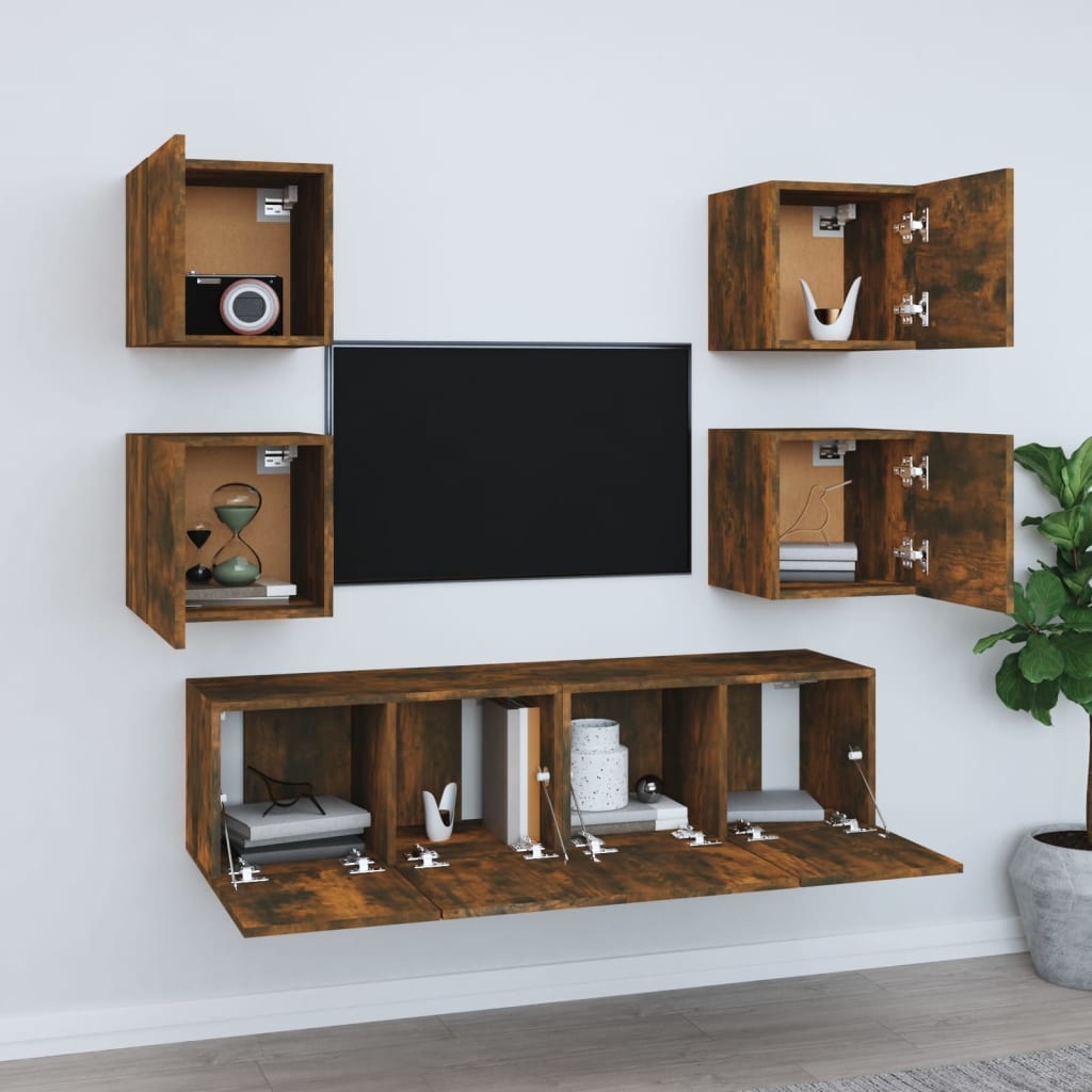 6-delige Tv-meubelset bewerkt hout gerookt eikenkleurig