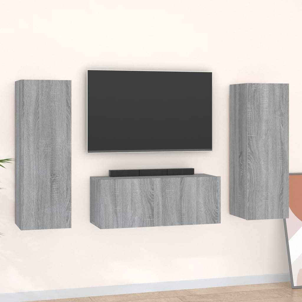 3-delige Tv-meubelset bewerkt hout grijs sonoma eikenkleurig