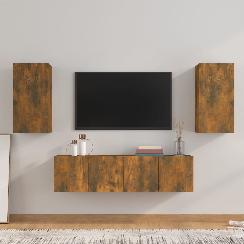 4-delige Tv-meubelset bewerkt hout gerookt eikenkleurig