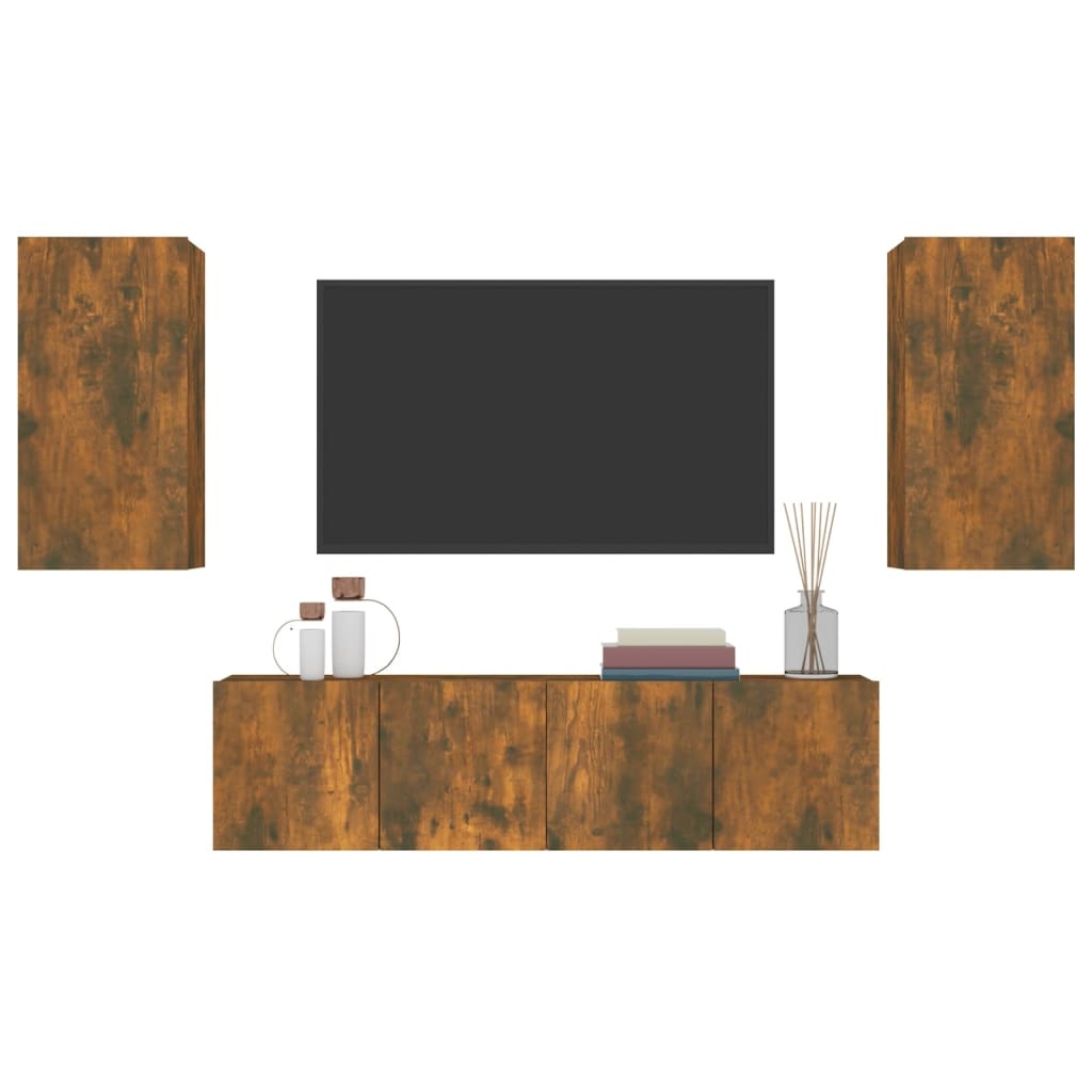 4-delige Tv-meubelset bewerkt hout gerookt eikenkleurig
